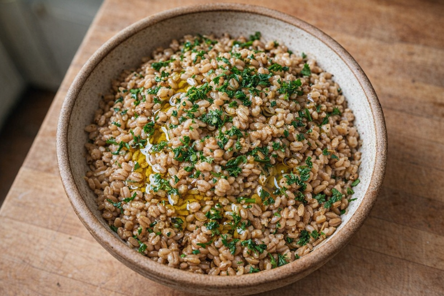 A top-down, brightly lit shot of perfectly cooked farro in a rustic bowl, garnished with fresh herbs and a drizzle of olive oil